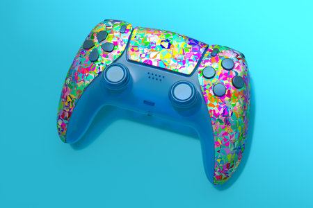Realistic video game joystick with mosaic seamless pattern on blue background. 3D render of...