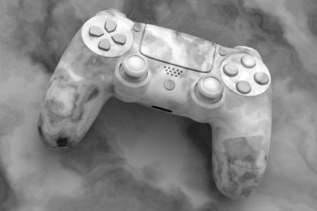 Realistic video game joystick with black marble texture on black background. 3D render of streaming...