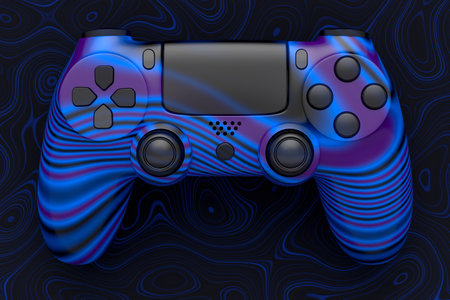 Realistic video game joystick with seamless wavy pattern on dark background. 3D render of streaming...