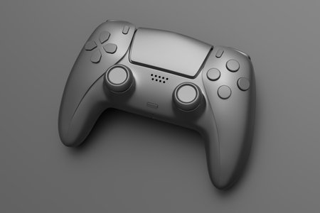 Realistic video game joystick with metallic chrome texture isolated on black background. 3D render...