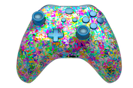 Realistic video game joystick with mosaic seamless pattern on white background. 3D render of...