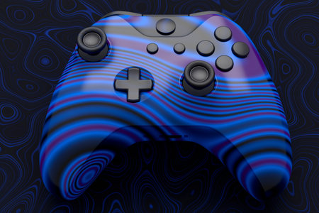 Realistic video game joystick with seamless wavy pattern on dark background. 3D render of streaming gear for cloud gaming and gamer workspace conceptの写真素材