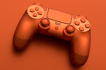 Metal brushed bronze video game joystick isolated on dark background. 3D render of streaming gear...