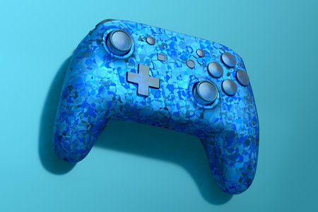 Realistic video game joystick with mosaic seamless pattern on blue background