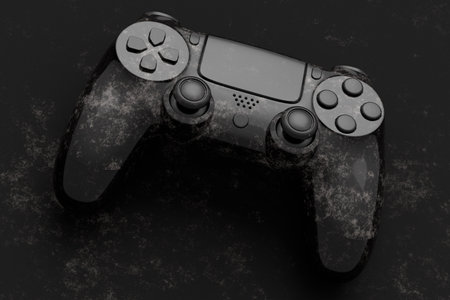 Realistic video game joystick with black marble texture on black background.