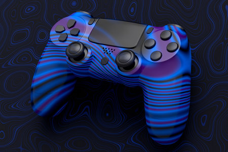 Realistic video game joystick with seamless wavy pattern on dark background