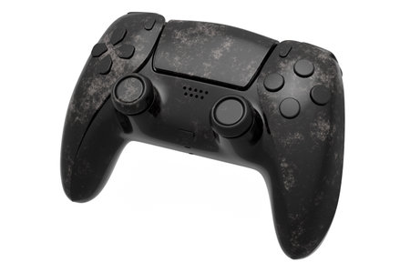 Realistic video game joystick with black marble texture on white background. 3D render of streaming...