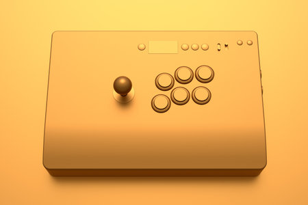 Vintage arcade stick with joystick and tournament-grade buttons with gold chrome texture on golden background. 3d render of gaming machine, streaming gear for cloud gaming and gamer workspace conceptの写真素材