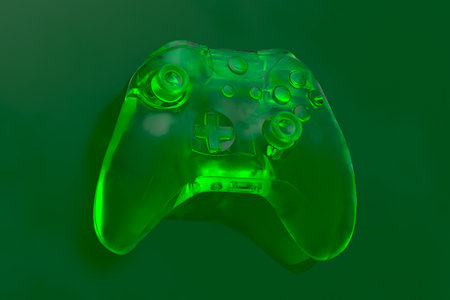 Realistic video game joystick in trendy style glassmorphism or frosted glass effect on green background. 3D render of streaming gear for cloud gaming and gamer workspace conceptの写真素材