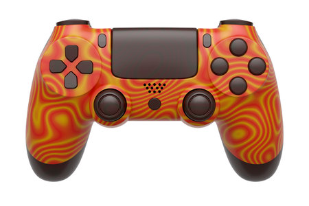 Realistic video game joystick with seamless wavy pattern on white background. 3D render of streaming...