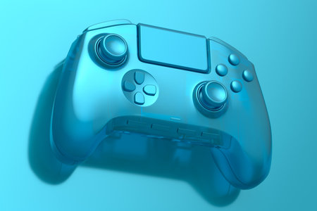 Realistic video game joystick in trendy style glassmorphism or frosted glass effect on blue...