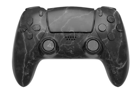 Realistic video game joystick with black marble texture on white background. 3D render of streaming...