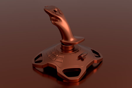 Realistic joystick for flight simulator with copper chrome texture on dark background. 3D render of streaming gear for cloud gaming and gamer workspace, device for augmented reality or VRの写真素材