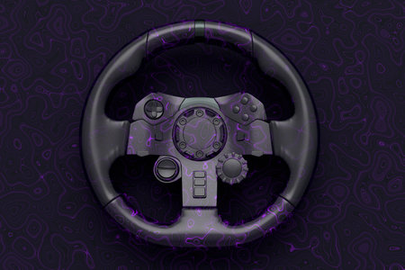 Realistic leather steering wheel with seamless wavy pattern on dark background. 3d render of gaming...