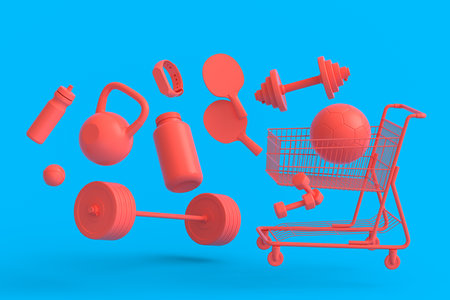Sport equipment for fitness, gym in shopping cart on monochrome background. 3d render of power lifting and fitness conceptの写真素材