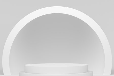 Pastel white cylinder podium with steps on monochrome background. 3d render of abstract realistic geometric pedestal or platform on backdrop for product display presentation. Minimal scene.の写真素材