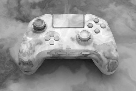 Realistic video game joystick with black marble texture on black background. 3D render of streaming...