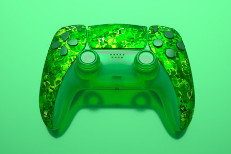 Realistic video game joystick with mosaic seamless pattern on green background. 3D render of...