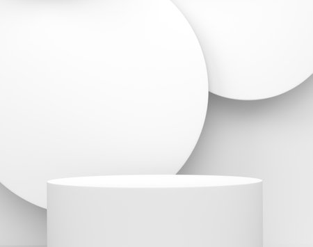 Pastel white cylinder podium with steps on monochrome background. 3d render of abstract realistic geometric pedestal or platform on backdrop for product display presentation. Minimal scene.の写真素材