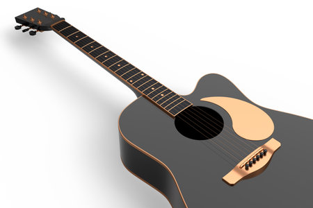 Close-up of acoustic guitar isolated on white background. 3d render of concept for rock festival poster with spanish guitar for music shopの写真素材