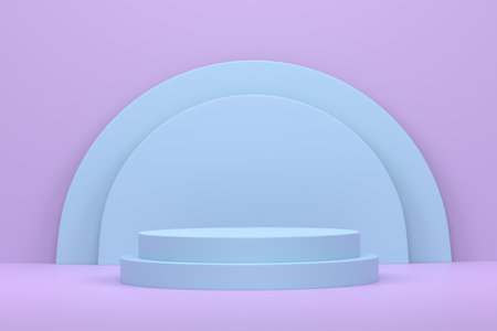 Pastel blue cylinder podium with steps on violet background. 3d render of abstract realistic geometric pedestal or platform on backdrop for product display presentation. Minimal scene.の写真素材