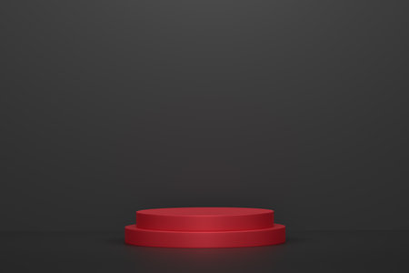 Pastel red cylinder podium with steps on black background. 3d render of abstract realistic geometric pedestal or platform on backdrop for product display presentation. Minimal scene.の写真素材