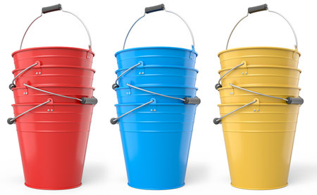 Set of garden tools and supplies for gardener and flower pots in garden on white background. 3d render concept of horticulture and farming suppliesの写真素材