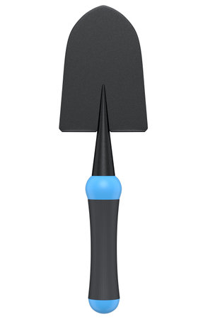 Garden shovel or trowel with wooden handle isolated on white background. 3d render of garden tool and equipment for farm, summer campingの写真素材