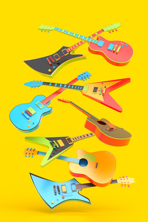 Set of electric acoustic guitars isolated on multicolor background. 3d render of concept for rock festival poster with heavy metal guitar for music shopの写真素材