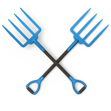 Set of garden pitchfork and rake with wooden handle for harvesting hay isolated on white background. 3d render of garden tool and equipment for farm and harvestingの写真素材
