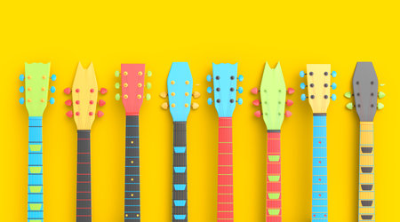 Set of fingerboard of electric acoustic guitar isolated on multicolor background. 3d render of concept for rock festival poster with heavy metal guitar for music shopの写真素材