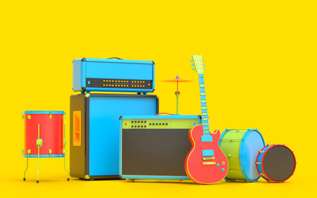Set of electric acoustic guitars, amplifiers and drums with metal cymbals on multicolor background. 3d render of musical percussion instrument, drum machine and drumset with heavy metal guitarの写真素材