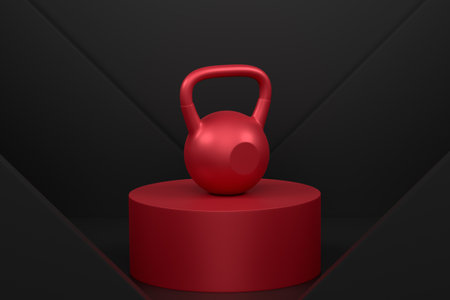 Kettlebell with metal disks on cylinder podium with steps on monochrome background. 3d render of display product like sport accessories for team playingの写真素材
