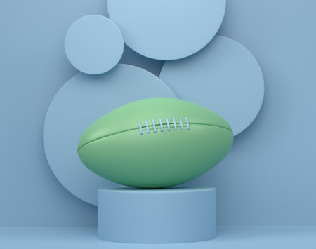 American football ball on cylinder podium with steps on monochromeの写真素材