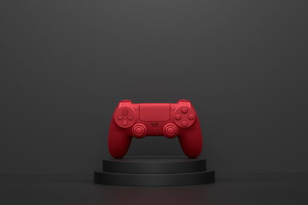 Video game joystick on cylinder podium with steps on monochrome background. 3d render of display product like streaming gear for cloud gaming and gamer workspace conceptの写真素材