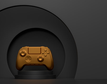 Video game joystick on cylinder podium with steps on monochrome background. 3d render of display product like streaming gear for cloud gaming and gamer workspace conceptの写真素材