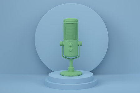 Studio condenser microphone on cylinder podium with steps on monochrome background. 3d render of display product like streaming gear for cloud gaming and gamer workspace conceptの写真素材