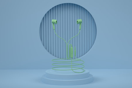 Realistic gaming headphones on cylinder podium with steps on monochrome background. 3d render of display product like streaming gear for cloud gaming and gamer workspace conceptの写真素材