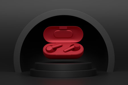 Realistic gaming headphones on cylinder podium with steps on monochrome background. 3d render of display product like streaming gear for cloud gaming and gamer workspace conceptの写真素材