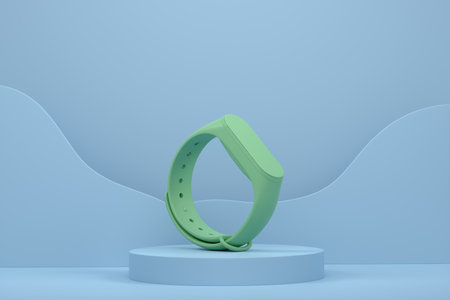 Fitness tracker or smart watch on cylinder podium with steps on monochrome background. 3d render of display product like sport accessories for team playingの写真素材