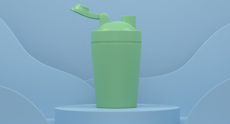 Plastic sport shaker on cylinder podium with steps on monochrome background. 3d render of display product like sport accessories for team playingの写真素材