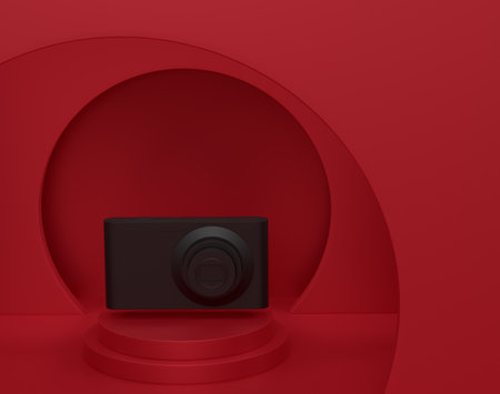 Compact pocket digital camera on cylinder podium with steps on monochrome background. 3d render of display product like beach accessories and summertime conceptの写真素材
