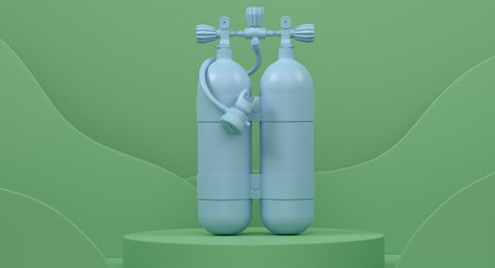 Diving tank for snorkeling on cylinder podium with steps on monochrome background. 3d render of display product like beach accessories and summertime conceptの写真素材