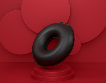 Inflatable ring for kids in swimming pool on cylinder podium with steps on monochrome background. 3d render of display product like beach accessories and summertime conceptの写真素材