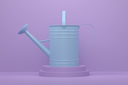 Watering can on cylinder podium with steps on monochrome background. 3d render of display gardening equipment tools for farm and harvestingの写真素材