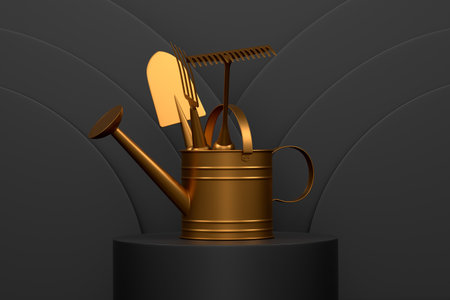 Watering can with garden tools on cylinder podium with steps on monochrome background. 3d render of display gardening equipment tools for farm and harvestingの写真素材