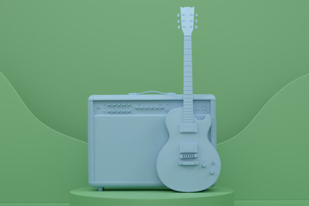 Amplifier with acoustic guitar on cylinder podium with steps on monochrome background. 3d render of...