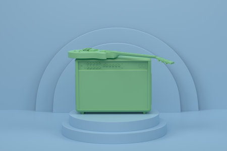 Amplifier with acoustic guitar on cylinder podium with steps on monochrome background. 3d render of display product like musical instrumentsの写真素材