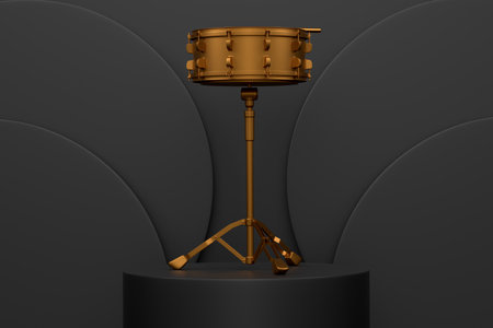 Drum and wooden drum sticks on cylinder podium with steps on monochrome background. 3d render of display product like musical instrumentsの写真素材