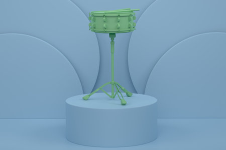 Drum and wooden drum sticks on cylinder podium with steps on monochrome background. 3d render of display product like musical instrumentsの写真素材